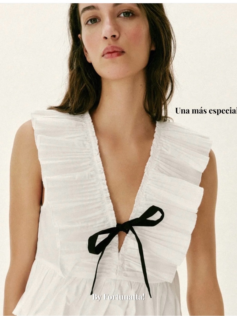 Zara White Ruffle V-Neck Chemise with Black Bow